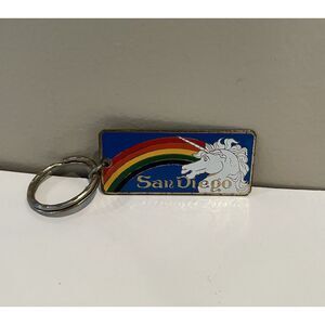 Vintage San Diego Metal‎ Keychain Rainbow Unicorn Keyring 2.5" California